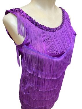 Vintage Y2K Franco Purple Fringe Art Deco Style Flapper Fringe Mini Dress XXS 00
